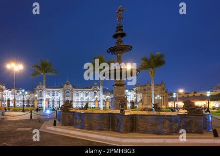 Plaza de Armas and Government Palace at night, Lima, Peru, South America Stock Photo