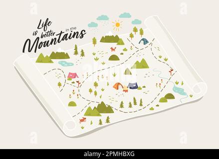 Cute hand drawn map with mountains, tents, trees, hills. illustrated landscape, adventure - great for banners, wallpapers, cards. Stock Vector