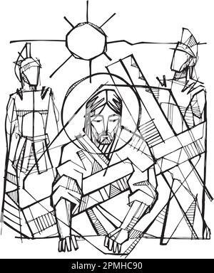 Hand drawn vector illustration or drawing of Jesus falls with the cross Stock Vector