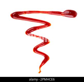 Red ketchup splashes isolated on white background. Drizzle of Barbecue sauce. Top view Stock Photo