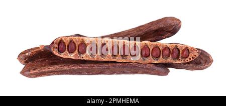 Ripe carob pods and bean isolated on white background Stock Photo