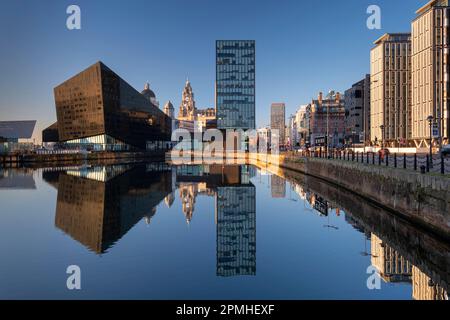 Liverpool Waterfront and the Liver Building reflected in Canning Dock, Liverpool, Merseyside, England, United Kingdom, Europe Stock Photo