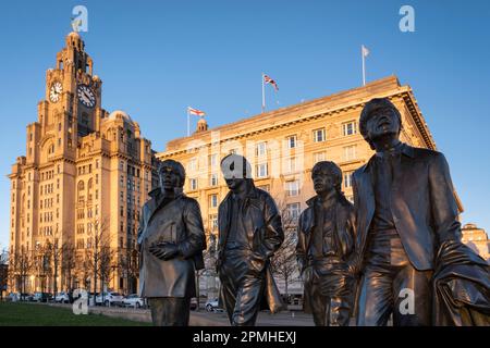 The Beatles Statue and Royal Liver Building, Pier Head, Liverpool Waterfront, Liverpool, Merseyside, England, United Kingdom, Europe Stock Photo