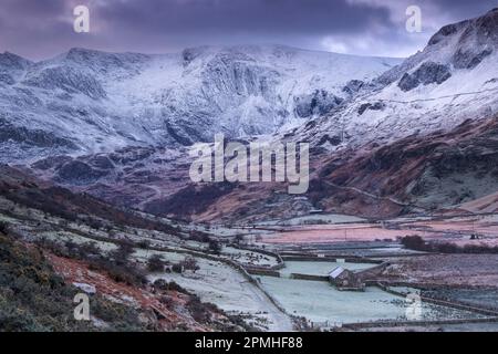 Frosty morning in the Nant Ffrancon valley backed by the Glyderau Mountains, Snowdonia National Park, Eryri, North Wales, United Kingdom, Europe Stock Photo