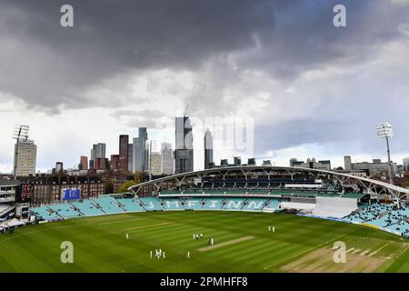 The Kia Oval, London, UK. 13th April, 2023. A general view as rain clouds move in on Day 1 of the LV=Insurance County Championship Division One match between Surrey and Hampshire: Credit: Ashley Western/Alamy Live News Stock Photo