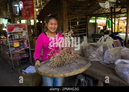 Young woman throwing dried fish in air at market, Hsipaw, Shan State, Myanmar (Burma), Asia Stock Photo