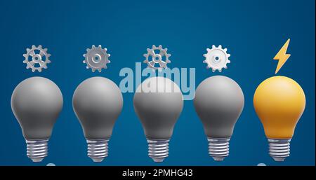 Light bulbs in a row, gear. Brainstorming ideas success solution. 3d rendering Stock Photo