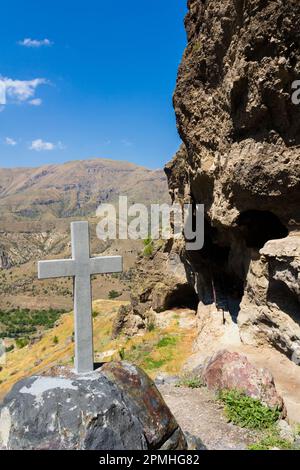 Cross made of stone at church built on in the rock in Vanis Kvabebi Monastery near Vardzia, Aspindza, Samtskhe-Javakheti, Georgia, Central Asia, Asia Stock Photo