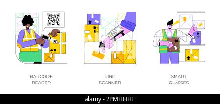 Warehouse devices isolated cartoon vector illustrations set. Worker scans goods with barcode reader, checking goods with ring scanner, managing inventory using smart glasses vector cartoon. Stock Vector