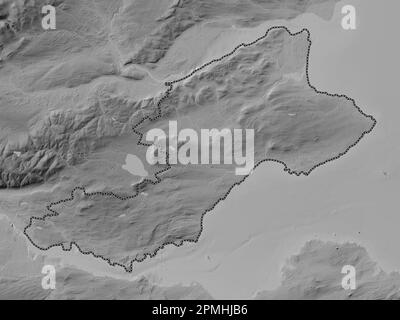 Fife, region of Scotland - Great Britain. Grayscale elevation map with lakes and rivers Stock Photo