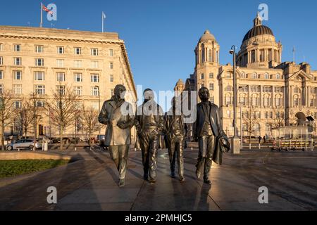 The Beatles Statue at the Pier Head, Liverpool Waterfront, Liverpool, Merseyside, England, United Kingdom, Europe Stock Photo