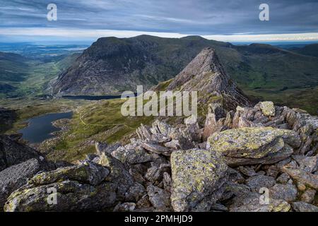 Tryfan and the Ogwen Valley viewed from Bristly Ridge, Eryri, Snowdonia National Park, Gwynedd, North Wales, United Kingdom, Europe Stock Photo