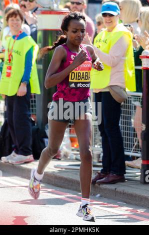 Tirunesh Dibaba competing in the London Marathon 2014, passing through ...