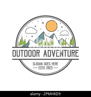 Line art adventure logo template vector eps 10. Vintage simple logo design. Outdoor adventure line art scene, hiking landscape. Stock vector badge. Stock Vector
