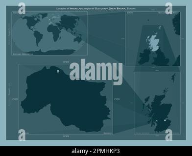 Inverclyde, region of Scotland - Great Britain. Diagram showing the location of the region on larger-scale maps. Composition of vector frames and PNG Stock Photo