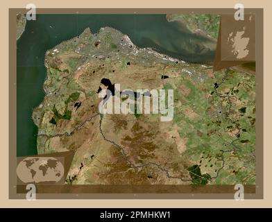 Inverclyde, region of Scotland - Great Britain. Low resolution satellite map. Locations of major cities of the region. Corner auxiliary location maps Stock Photo