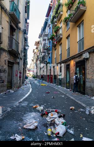 Pamplona, SPAIN: June 07 2022: Thousands of people gathered on the streets of Pamplona waiting for the release of the bulls. First day of 'Encierro' Stock Photo