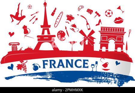 france travel banner with icon and monuments on the flag Stock Vector