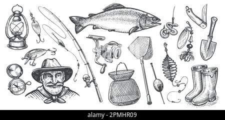 Fishery concept sketch. Man fishing on shore of river, lake. Quiet,  relaxing pastime. Manly leisure activity. Fish laying in bucket. Early  morning act Stock Vector Image & Art - Alamy
