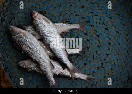 Some fresh fishes in basket for retail sale at bazaar Stock Photo