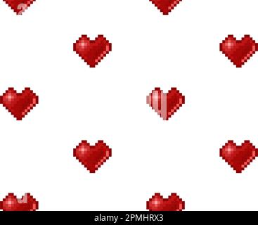 Pixel hearts background in retro video game style. 8-bit geek hearts for Valentines Day seamless pattern. Vector template Stock Vector