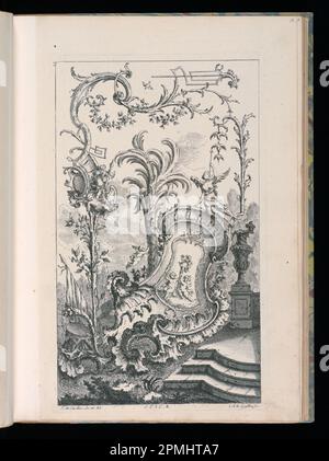 Bound Print, Design for Cartouche with Putti Supporting Helmet, Livre Nouveau de Morceaux de Fantaisie (New Book of Fantasy Pieces); Designed by François de Cuvilliés the Elder (Belgian, active Germany, 1695 - 1768); Engraved by Carl Albert von Lespilliez (German, 1723 - 1796); Germany; engraving and etching on laid paper; 38.9 x 25.4 cm (15 5/16 x 10 in.) Platemark: 34.4 x 20.8 cm (13 9/16 x 8 3/16 in.) Stock Photo