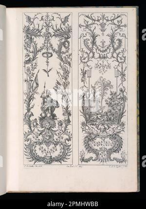 Bound Print, Two Upright Panels, Livre Nouveaux de Paneaux à divers usages (Book of New Panels for Various Uses); Designed by François de Cuvilliés the Elder (Belgian, active Germany, 1695 - 1768); Engraved by Carl Albert von Lespilliez (German, 1723 - 1796); Germany; engraving on paper; Platemark: 33.8 × 23.5 cm (13 5/16 × 9 1/4 in.) Stock Photo