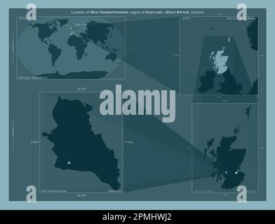 West Dunbartonshire, region of Scotland - Great Britain. Diagram showing the location of the region on larger-scale maps. Composition of vector frames Stock Photo