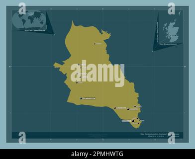 West Dunbartonshire, region of Scotland - Great Britain. Solid color shape. Locations and names of major cities of the region. Corner auxiliary locati Stock Photo