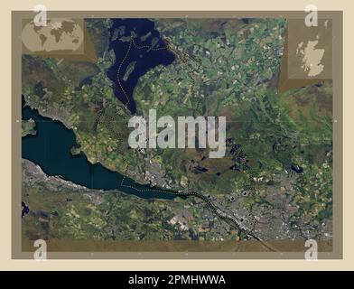 West Dunbartonshire, region of Scotland - Great Britain. High resolution satellite map. Locations of major cities of the region. Corner auxiliary loca Stock Photo