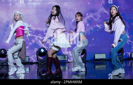 S. Korean girl group Fifty Fifty Keena, a member of South Korean girl group Fifty  Fifty, poses for a photo during a showcase in Seoul on April 13, 2023, to  promote the