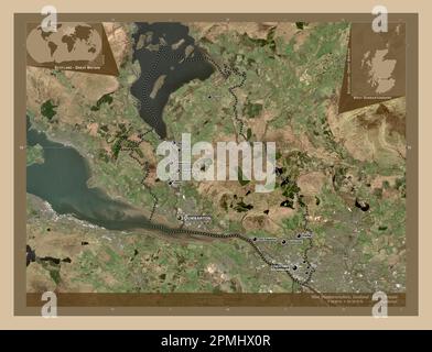 West Dunbartonshire, region of Scotland - Great Britain. Low resolution satellite map. Locations and names of major cities of the region. Corner auxil Stock Photo