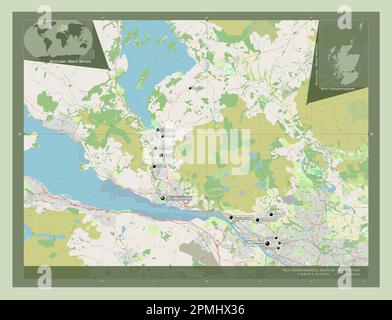 West Dunbartonshire, region of Scotland - Great Britain. Open Street Map. Locations and names of major cities of the region. Corner auxiliary location Stock Photo