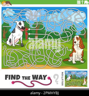 Cartoon illustration of find the way maze puzzle game with funny purebred dogs animal characters Stock Vector