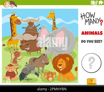 Illustration of educational counting game for children with cartoon wild animal characters group Stock Vector