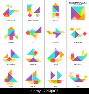 Tangram puzzle game. Vector set with various transport Stock Vector