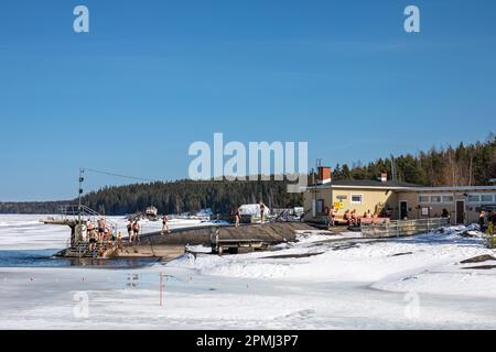 Rauhaniemi Folk Spa or Rauhaniemen kansankylpylä ice swimming hole and sauna in Tampere, Finland Stock Photo