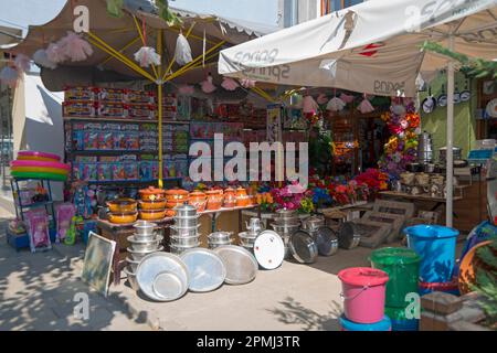 Sale of household goods and toys, Peshkopi, Albania Stock Photo