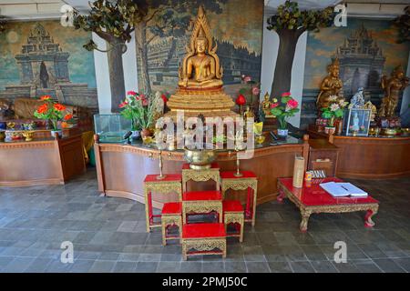 Buddha statue on an altar in a prayer room of the Buddhist monastery Brahma Vihara, Banjar, North Bali, Bali, Indonesia Stock Photo