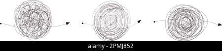 Arrow confused line. Messy doodle scribble icon. Complex and simple way. Chaos line knot . Vector isolated illustration Stock Vector