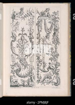 Bound Print, Two Upright Panels, Livre de Paneaux irréguliers (Book of Irregular Panels); Designed by François de Cuvilliés the Elder (Belgian, active Germany, 1695 - 1768); Engraved by Carl Albert von Lespilliez (German, 1723 - 1796); Germany; engraving on paper; Platemark: 35.3 × 22.5 cm (13 7/8 × 8 7/8 in.) Stock Photo