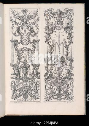 Bound Print, Two Upright Panels, Livre Nouveaux de Paneaux à divers usages (Book of New Panels for Various Uses); Designed by François de Cuvilliés the Elder (Belgian, active Germany, 1695 - 1768); Engraved by Carl Albert von Lespilliez (German, 1723 - 1796); Germany; engraving on off-white laid paper; Platemark: 35.2 x 22.7 cm (13 7/8 x 8 15/16 in.) Stock Photo