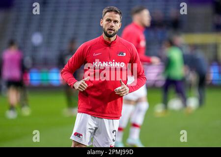 Brussels, Belgium. 13th Apr, 2023. BRUSSELS, BELGIUM - APRIL 13: Pantelis Hatzidiakos of AZ during the UEFA Europa Conference League quarter finals first leg match between RSC Anderlecht and AZ at Lotto Park on April 13, 2023 in Brussels, Belgium (Photo by Patrick Goosen/Orange Pictures) Credit: Orange Pics BV/Alamy Live News Stock Photo