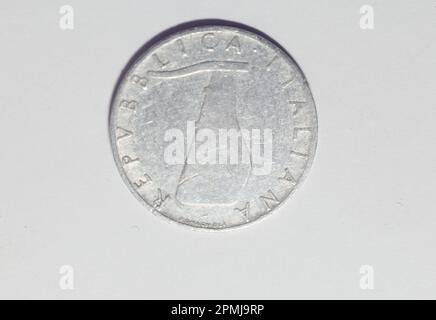 Coin of 5 lire, vintage italian coin. Stock Photo