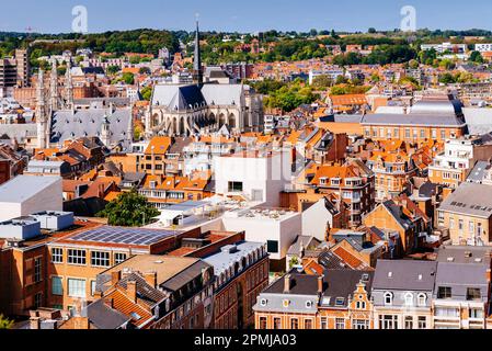 Aerial view of Leuven. Highlighting the town hall and Saint Peter's Church. Leuven, Flemish Community, Flemish Region, Belgium, Europe Stock Photo