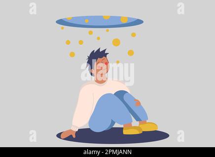 Happy man is inspired sits and rejoices. Cheerful boy sits under falling balls and is happy in life. New dreams and achievements, human freedom and hu Stock Vector