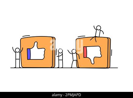 Like or dislike icons with little people. People with positive or negative reaction buttons isolated on white background. Vector illustration Stock Vector