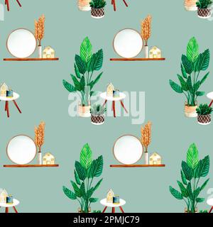 Watercolor seamless pattern with home plant, wax candlt, ceramic houses lanterns, mirror, shelf, vase with dried flowers, coffee table. Illustration Stock Photo