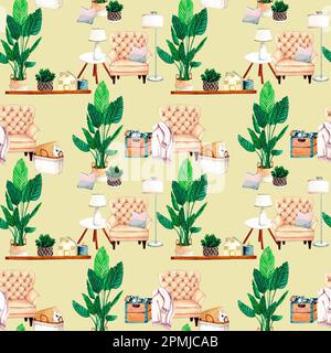 Watercolor seamless pattern with home plant, wax candlt, ceramic houses lanterns, armchair, shelf, vase with dried flowers, coffee table, wicker Stock Photo