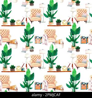 Watercolor seamless pattern with home plant, wax candlt, ceramic houses lanterns, armchair, shelf, vase with dried flowers, coffee table, wicker Stock Photo